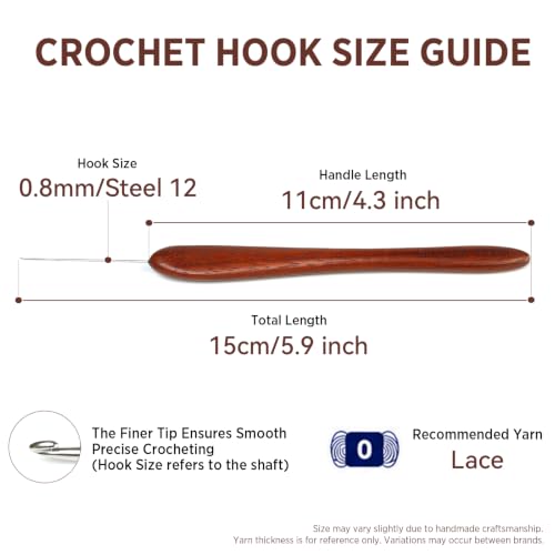 SEVENSUN Mimosa 0.8mm Single Crochet Hook, Available in 0.6mm-6.5mm, Ergonomic Hand Polished Stainless Steel Inline Pointy Wood Handle Crochet Hook for Arthritic Hands, Mother's Day Gifts for Mom - size: 0.8mm(Steel 12)