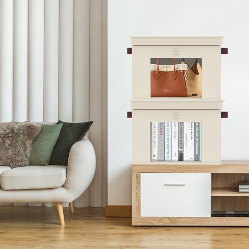 Univivi Front Opening Storage Bins with Lids for Closet, Beige, 4 Pack | Foldable Fabric Storage Cubes, Large Closet Organizers and Storage with Clear Window & Handles for Clothes Storage - color: Light Beige, size: 16.5''-4 Pack