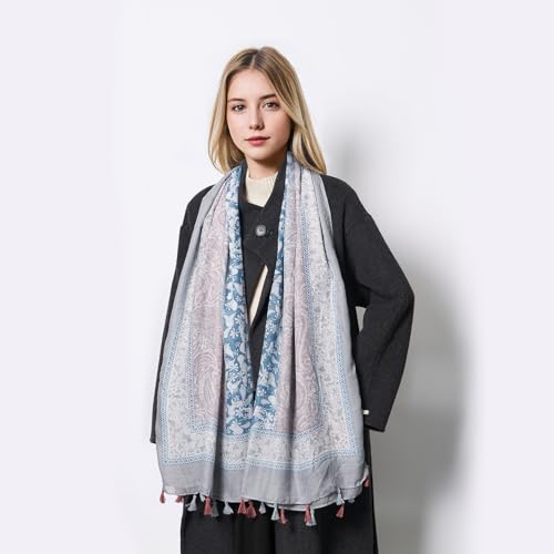 QIUTIMIY Scarf for Women Lightweight Soft Floral Leopard Printed Scarves Fall Winter Fashion Shawl Wrap with Fringe - color: Flower-lake Blue