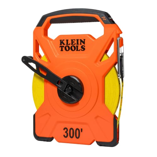 Klein Tools 94300RT 300-Foot Open Reel Tape Measure, PVC-Coated Fiberglass Tape with Carabiner and Hook, 3:1 Planetary Gear System, Metal Stake, Double-Sided Measurements - size: 300-Foot