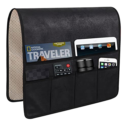 HAOMAIJIA Sofa Armrest Organizer, Remote Control Holder for Recliner Couch | Anti Slip Arm Chair Bedside Caddy Storage Organizer With 6 Pockets For Cell Phone Tv Remote Control Magazines (black) - color: black, size: 35 Inches × 19.3 Inches