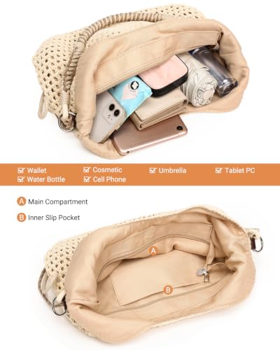 Herald Crochet Beach Hobo Shoulder Purse Tote Bag Handbag for Women | Soft Woven Knit, Bohemian Slouchy Style, Zipper Closure ,Large Capacity, For Daily, Spring Summer Beach Vacation, Travel - color: Beige