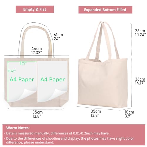 Koolmox Canvas Tote Bags, 6PCS 17x14x3.9'' Heavy Duty Canvas Bags with Reforce Handles and Widened Bottom, Reusable Washable Tote Bag Bulk Blank to DIY Art Crafts Print Women Grocery Teacher - style: Beige_open_17x14x3.9''