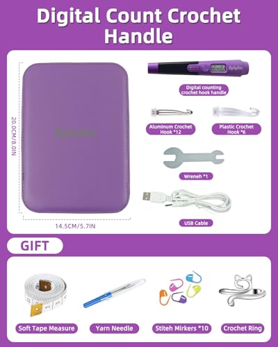 18 Sizes Lighted Crochet Hooks Set 2.0mm~14.0mm, Rechargeable Crochet Hook with Interchangeable Crochet Head, Light Up Crochet Hooks Set with 2 Levels Led for Beginner Knitting Kit Gifts - color: Purple - Count 18 Size