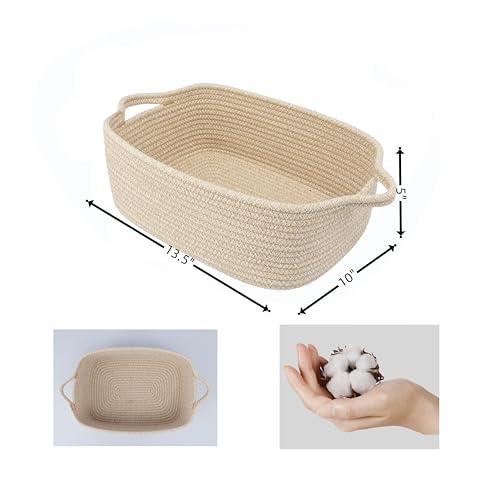 XUANGUO Medium Woven Cotton Rope Storage Basket with Handles, Oatmeal | Small decorative rectangle storage bin for baby nursery items and cat toys; ideal as an empty gift basket or dog toy basket - color: Oatmeal