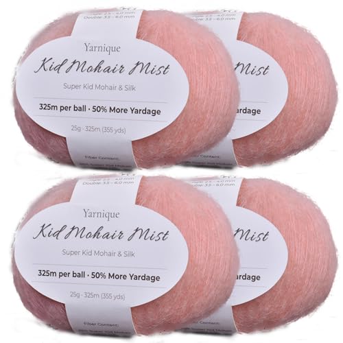 Kid-Silk Mohair Yarn, Lace Weight, 4 Balls 100g, 1420 yds | Yarnique 61% Super Kid Mohair & 20% Silk | Airy Halo | Soft Glow（31 Peach Pink） - color: 31 Peach Pink