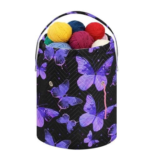 Fustylead Hand Draw Purple Butterflies Silhouette Large Crochet Organizer, Durable Polyester Drawstring Basket Yarn Storage Bag for Crochet Hooks, Knitting Needles, Project and Sewing Supplies - color: Black03 Purple Butterflies