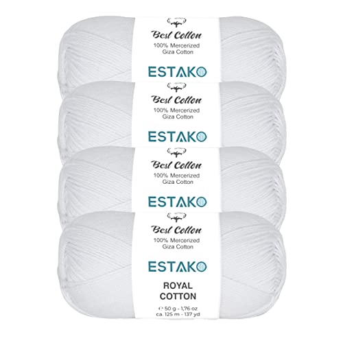 Estako Royal Cotton, 100% Mercerized Giza Cotton Yarn, White, 4-Pack | soft, silky sheen, super fine, fingering 1, sock weight, 200 g, 548 yds, baby clothes, summer tops - color: 5050 - White, size: 4 Skeins