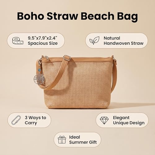 Crochet Beach Bags Purse for Women, Boho Woven Tote, Summer Straw Beach Bags For Vacation Travel Casual Shoulder Bag | crochet bag - color: Brown