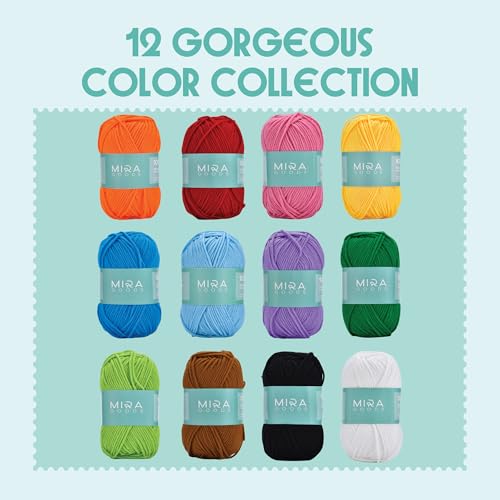 Mira HandCrafts Crochet Kit for Beginners - Essentials Set with 12 Acrylic Yarn Skeins and Other Knitting Accessories, Including Ruler, Hooks, Needles, Stitch Holders, Row Counters, Measuring Tape - size: 12 Pack Kit