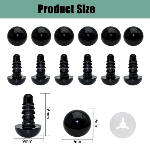 ARTCXC 100pcs 9mm Solid Black Safety Eyes for DIY Crochet Amigurumi | Plastic Craft Eyes with Washers for Crocheting of Puppet Bear Stuffed Animals Dolls DIY Projects.100pcs Eyes + 100pcs Washers - size: 9mm