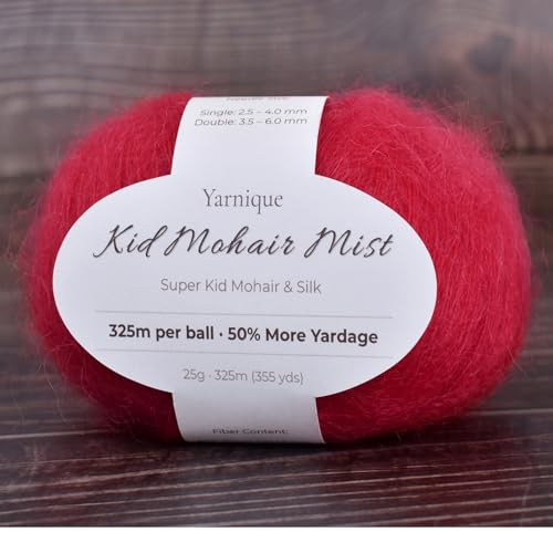 Kid-Silk Mohair Yarn, Lace Weight, 4 Balls 100g, 1420 yds | Yarnique Silk Feel Mohair Yarn | Featherlight Softness | Elegant Drape (22 Vivid Rose Red ) - color: 22 Vivid Rose Red