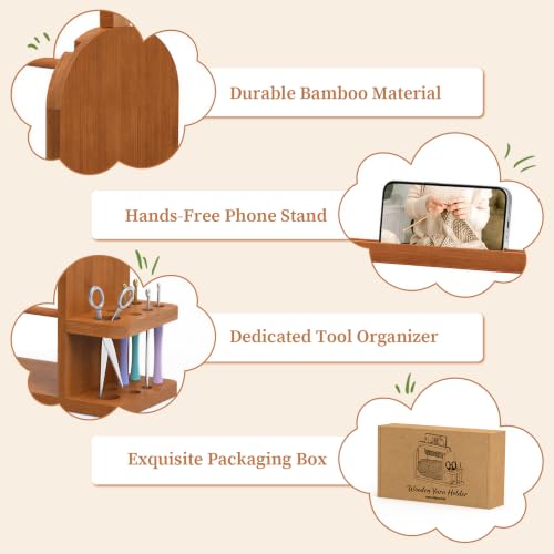 sandpaint Crochet Yarn Holder, Bamboo Yarn Holder for Crocheting（Brown） | Built-in Phone Stand, Tangle-Free Dual Rods & Tool Holder, Ideal Crochet Accessories for Skein, Cake, Ball Yarn - color: Brown Basic Yarn Holder