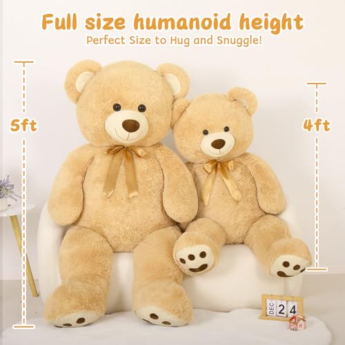 MorisMos 5ft Giant Teddy Bear Stuffed Animal, Large Stuffed Bear with Footprints, Big Life Size Teddy Bear Plush Gifts for Wife, Girlfriend, Women on Valentine, Christmas, Birthday - color: Light Brown, size: 5 ft