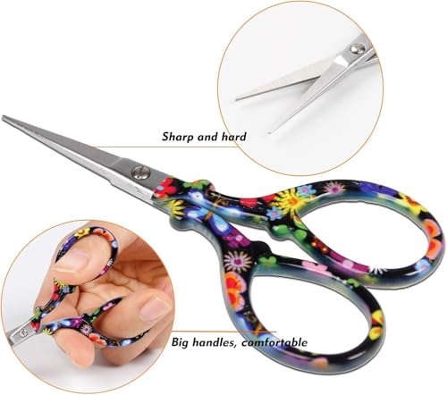 3.6 inch Sharp Embroidery Scissors for Sewing with Premium Leather Sheath | Classic-Hisuper Cross Stitch Scissors Vintage Decorative Shears Needlework Crochet Accessories Craft DIY Tool-Black Floral - color: Black Flower