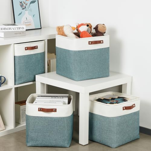 DULLEMELO Storage Bins, 4 Pack Of 13x13x13 Decorative Storage Cube Bins Suit Office, Home, Shelves And Closet, Stackale Gift Baskets Empty with Leather handle (White&Deep Green) - color: White&Dark Green, size: L-13"x 13"x 13"