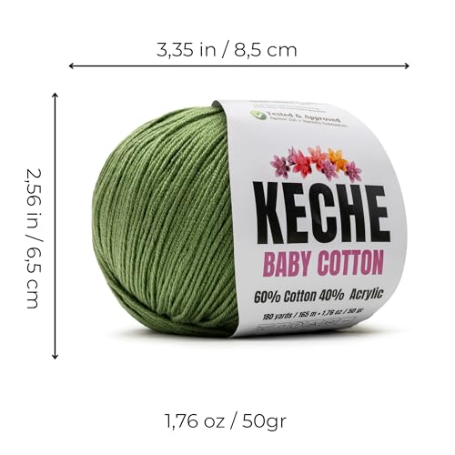 Keche Baby Cotton, 60% Cotton 40% Acrylic Yarn, Soft Cotton Yarn for Crochet and Knitting, Amigurumi Yarn 1 Skein/Ball 1.76 Oz (50g) / 180 Yrds (165m) - Olive Green - color: OLIVE GREEN, size: 1 SKEIN