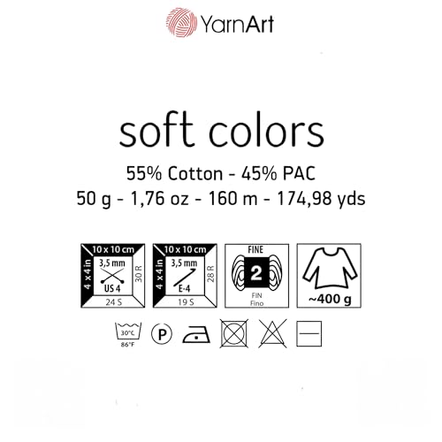 YarnArt Soft Colors - Variegated Sport Yarn 55% Cotton 45% Acrylic - 1 Skein/Ball 50g 174 Yds - Soft Knitting Cotton for Amigurumi - color: 6205