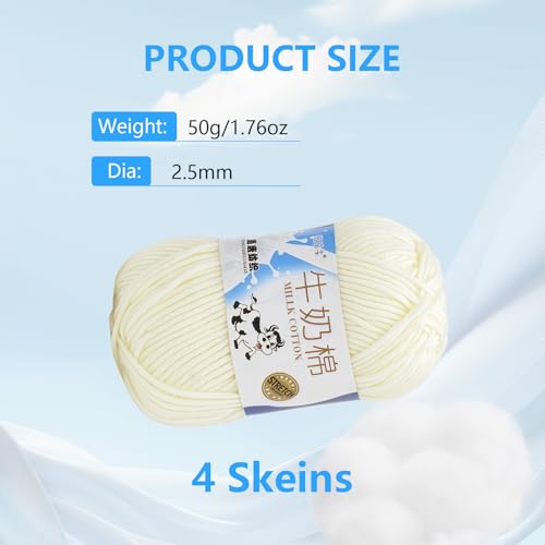 4 Rolls Comfy Blend Milk Wool Plain Knitting & Crochet Yarn Bulk Starter Kit for Colorful Craft DIY - color: IVORY