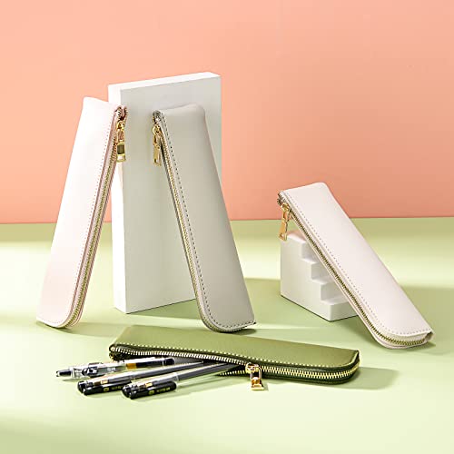 Leather pencil case, Thin soft pen bag, Small pencil case for adults,Senior leather Minimal pencil pouch with zipper.… - color: off white