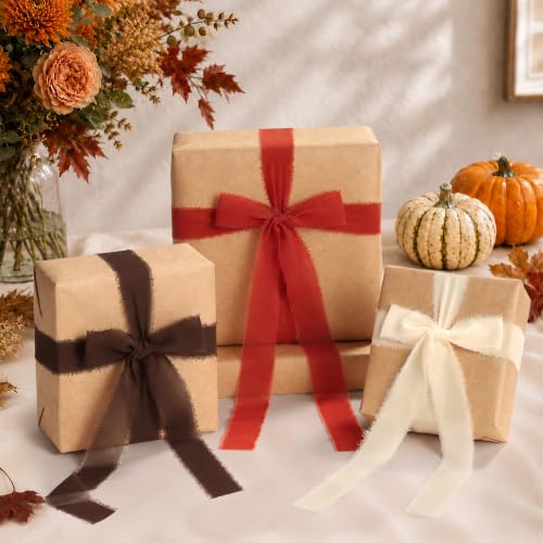 DORIS HOME Handmade Fringe Chiffon Ribbon 1" x 21Yd Terracotta & Ivory | Fabric Ribbon, For Flower Bouquet/Gift Wrapping/Wedding Invitations/Fall Decorations - color: Terracotta & Ivory