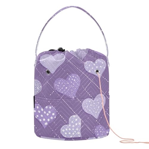 Tatenale Crochet Bag Yarn Bag Knitting Project Bag with Pockets and Handle Portable Yarn Storage Organizer Tangle Free 8.3x11 Inch Lavender Romantic Hearts Valentines Gifts - color: Lavender Romantic Hearts Valentines