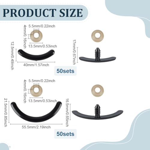 PH PandaHall Plastic Craft Mouth 100pcs Black Safety Mouth 2 Sizes Arc Shape Crochet Mouths Amigurumi Eyes Eyebrows with Washer for Large Plush Teddy Bear Crocheting Stuffed Animal Crafts, 40mm/55.5mm
