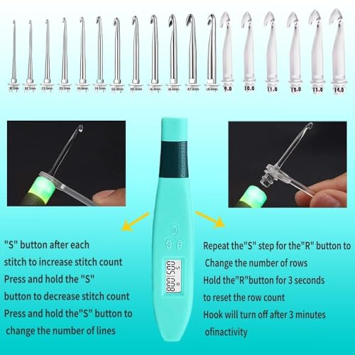 Yarniss 18 Size Counting Crochet Hooks Set with Light Handle 2.0mm~14.0mm | Digital Counter Crochet Hook with Metal Head,Glow In Dark Better for Night Crocheting - color: Turquoise-18 Size with Light & Counter