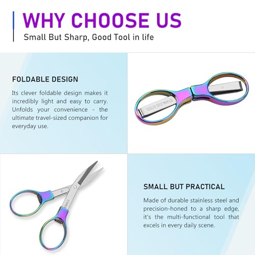 Friker Folding Scissors,Portable Telescopic Cutter Pocket Badge Scissors | 2 Pcs Mini Safe Rainbow Foldable Scissors for Household, Office, Handcrafts, Sewing, Nurse Use, Travel and Fishing - color: Rainbow