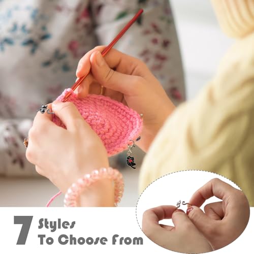 7PCS Crochet Ring for Finger, Adjustable Crochet Tension Ring, Practical Tension for Crocheting, for Knitted Accessories, with 3 Kitten Pendants