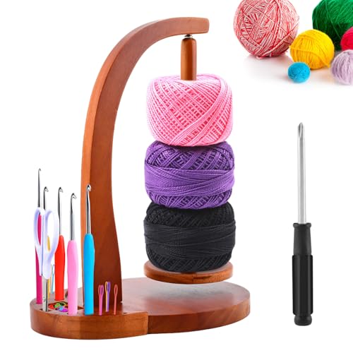 Magnetic Rotating Crochet Yarn Holder with Storage Box - 2-in-1 Wooden Yarn Spinner & Organizer for Knitting Accessories, Yarn-Ball Windder for Crocheting Projects
