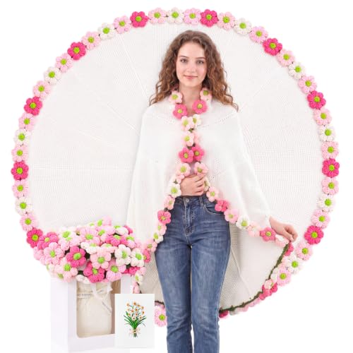 WovWeave Daisy Gifts Basket Set - 43.31 Inch Finished Flower Crochet Knitted Blanket Gift Bag Card Envelope Blanket for Her Mom Girlfriend Women Birthday Wedding Gifts Ideas - color: Pink White, size: 43.31 Inch, style: Daisy
