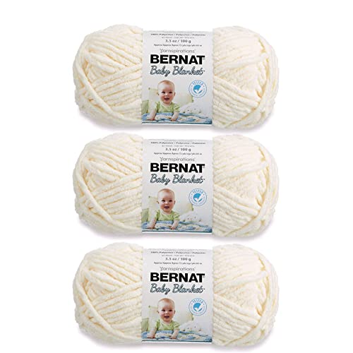 Bernat Baby Blanket Vanilla Yarn - 3 Pack of 100g/3.5oz - Polyester - 6 Super Bulky - 72 Yards - Knitting, Crocheting, Crafts & Amigurumi, Chunky Chenille Yarn (Packaging may vary) | #6 Super Bulky Yarn, 100% Polyester, Soft Baby Blanket Yarn for Crochet,