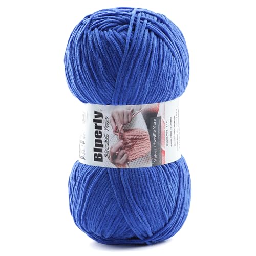 Skinny Chenille Yarn for Crocheting and Knitting - 1 Pack of 100g/317yds Ultra Soft Fluffy Plush Velvet Yarn - #2 Crochet Yarn for Amigurumi, Blankets, Plush Dolls, Baby Clothes (1, Blue) - color: Blue