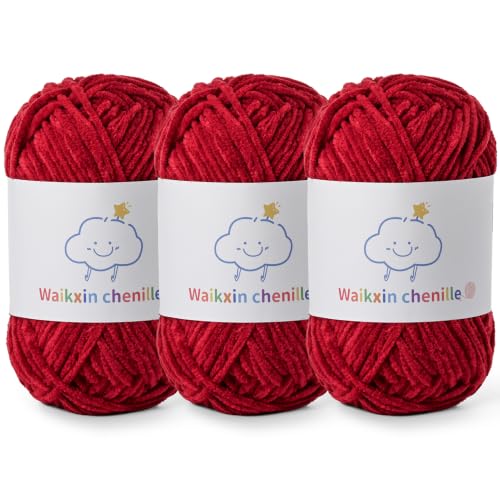 Skinny Chenille Yarn for Crocheting, 3 Pack of 1.75 oz/109 yds Amigurumi Yarn&Baby Yarn for Crocheting Soft, Fluffy Fingering Weight Velvet Yarn for DIY Crafts&Baby Blankets.(3 Burgundy) - color: 3 Burgundy