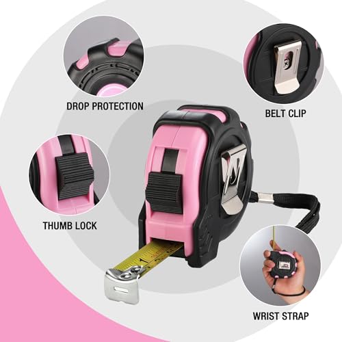 WORKPRO 16FT Pink Tape Measure, Inch/Metric Easy Read Measuring Tape | Retractable Lightweight Measurement Tape Accuracy 1/32, 1mm for Engineer,with Thumb Lock, Belt Clip, Rubber Protective Casing - color: Pink, size: 4.9 m