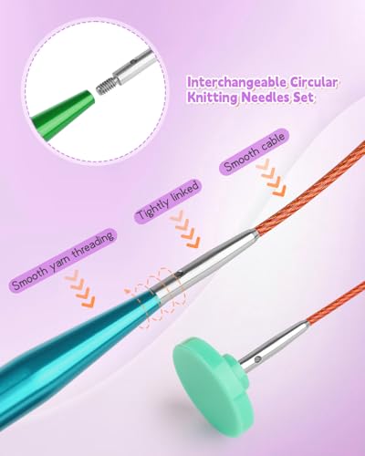 Aeelike 13 Pair Interchangeable Circular Knitting Needles 3-10 mm, Purple | Aluminum Interchangeable Knitting Needles with 4 Cables, Smooth Complete Needles Set for Socks Blankets Sweaters, Ideal Gift - color: Purple