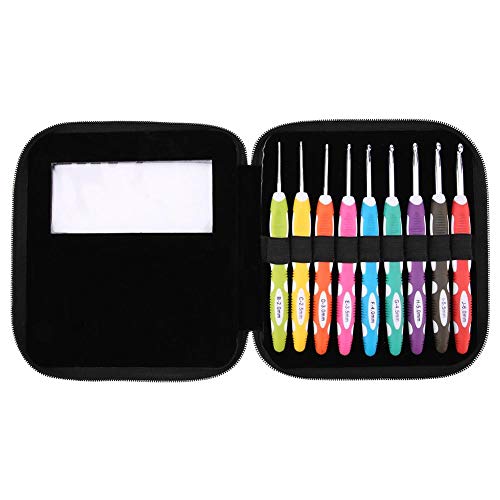9PCS Crochet Hook Set, Knitting Tool with Extra Long Soft Grip Ergonomic Handles for Arthritic Hands Smooth Needles with PU Case