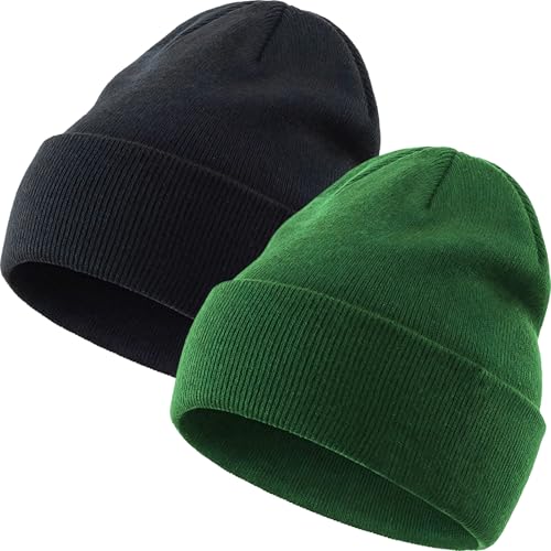 100% Cotton Beanie Hat Winter Hats Women Men Warm Knit Beanies | Double Layer Warmth ,Ultra-Soft Itch-Free Pure Cotton Knitted, Cuffed & Uncuffed Fisherman Slouchy Skull Cap for Womens Mens - color: 2pcs-(black + Green)