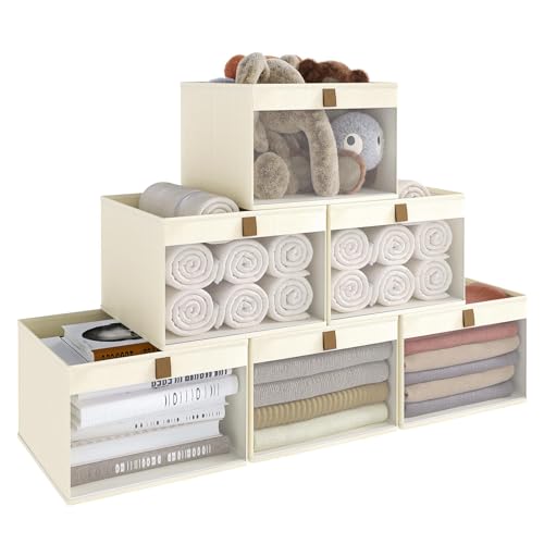 Linen Closet Organizers and Storage, Closet Storage Bins Basket Organizer, Foldable Organization Baskets with Mesh Window for Clothes Towels and Toys, 12.75" x 12.75" x 9", Beige, 6 pack - color: Beige-6Pack, size: 12 ¾" L x 12 ¾" W x 9" H