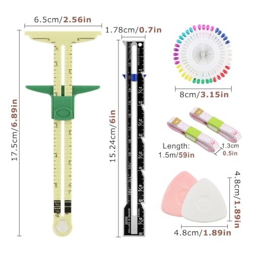 7 Pcs Sewing Gauge Measuring Tool, 5-in-1 T Sliding Gauge Ruler Seam Gauge | Fabric Quilting Ruler with 2 Tape and Sewing Pins, Sewing Measuring Tool for Seaming Hemming Knitting Crafting