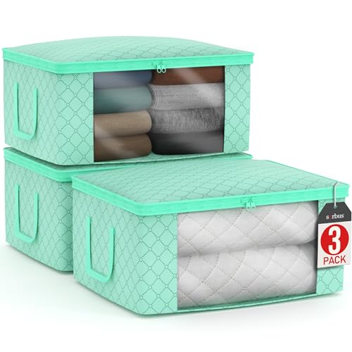 Sorbus Medium Clothes Storage Bags - Foldable Blanket Storage Bins for Organizing Bedroom, Closet, Clothing, Comforter, Organization with Clear Window, Lids and Carry Handles - Set of 3 | Carry handles and fabric construction support foldable bins with li