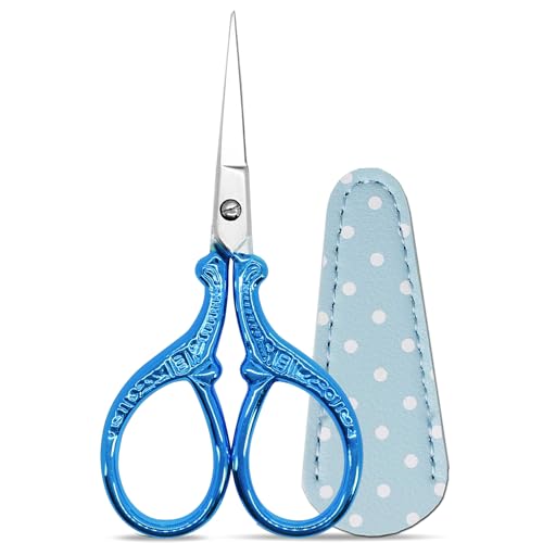 Small Thread Scissors 3.6 inch Stainless Steel Classic Scissors | Embroidery Scissors with Leather Cover Sewing DIY Tools Small Shear for Needlework DIY Craft Thread Cutting Cross Stitch - color: Dark Blue