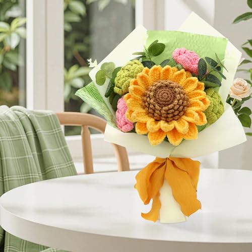 Handmade Crochet Flower Bouquet, Crochet Flowers, Knitted Flowers | Mixed Flowers, Crochet Bouquet, Artificial Flower Crochet Rose Tulip for Lover, Friend,family, Wedding Anniversary - color: Brown&green