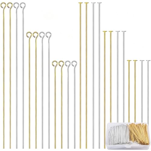 600Pcs Flat Head Pins Eye Pins for Jewelry Making Supplies Metal End Headpins for Craft Earring Bracelet Necklace Pendant Supplies, 1.2", 1.6", 2", Gold and Silver - color: Gold+Silver, size: 2In 1.6In 1.2In(Flat Head + Eye)