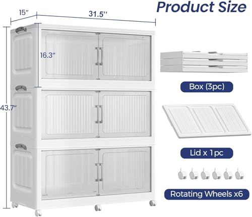 120Gal Extra Large Stackable Storage Bins with Lid, 480QT Foldable Collapsible Storage Box with Doors & Wheels, Plastic Organizer for Bedroom Kitchen Garage Dorm, 3Pack - size: 40Gal-3Pack