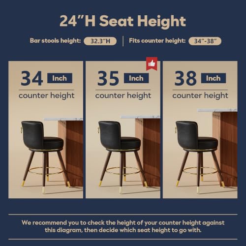 24 Inch Black Leather Swivel Counter Bar Stools Set of 4 | Upholstered pleated backs, wood legs, gold footrests, 300lbs capacity swivel chairs for home kitchen islands - color: Black, size: 24" Counter Height-4 Pieces