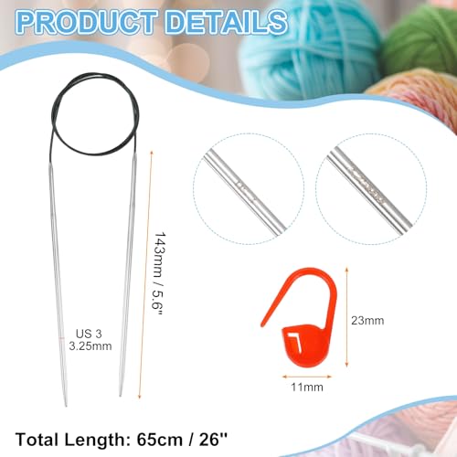 HARFINGTON 2pcs Knitting Needles Size US 3 3.25mm Circular Needle 26" 65cm | Round Metal Stainless Steel, with Markers, for Handmade Projects DIY Knitting