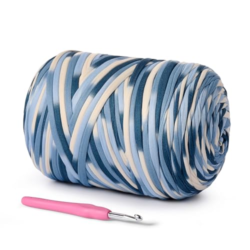 (800g/228yds) T Shirt Yarn, Soft Tshirt Crochet Yarn for Crafts and DIY Knitting Crocheting Cloth/Bag/Basket/Coaster, 100% Polyeste Elastic Fabric Chunky Thick Yans (Blue-White) - color: Blue-White