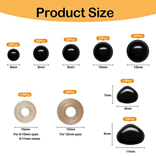 270PCS Safety Eyes and Noses, Black Plastic Eyes and Teddy Bear Nose with Washers for Doll Making for Crafts - color: Black